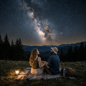 Couple sitting on a blanket, holding hands and looking at the Milky Way in the night sky