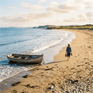Person walking along a sandy beach beside a small fishing boat
