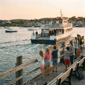 Children and adults waving as the Sea Breeze boat arrives at a harbor dock