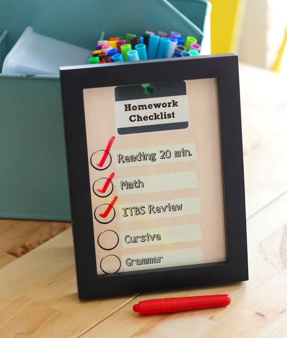 image A framed homework checklist featuring tasks like 'Reading 20 min.', 'Math', 'ITBS Review', 'Cursive', and 'Grammar', with some tasks checked off. A red pen is placed beside it.