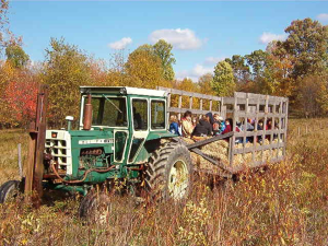 A green tractor with a wooden hayride trailer filled with people, surrounded by autumn foliage.