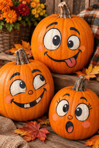 Three playful, hand-painted pumpkins with cartoonish faces, featuring a happy pumpkin, a curious pumpkin with big eyes, and a surprised pumpkin. Set against a rustic backdrop with autumn leaves and flowers.