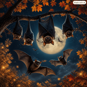 A group of bats hanging upside down from a branch, with a large full moon and autumn leaves in the background.